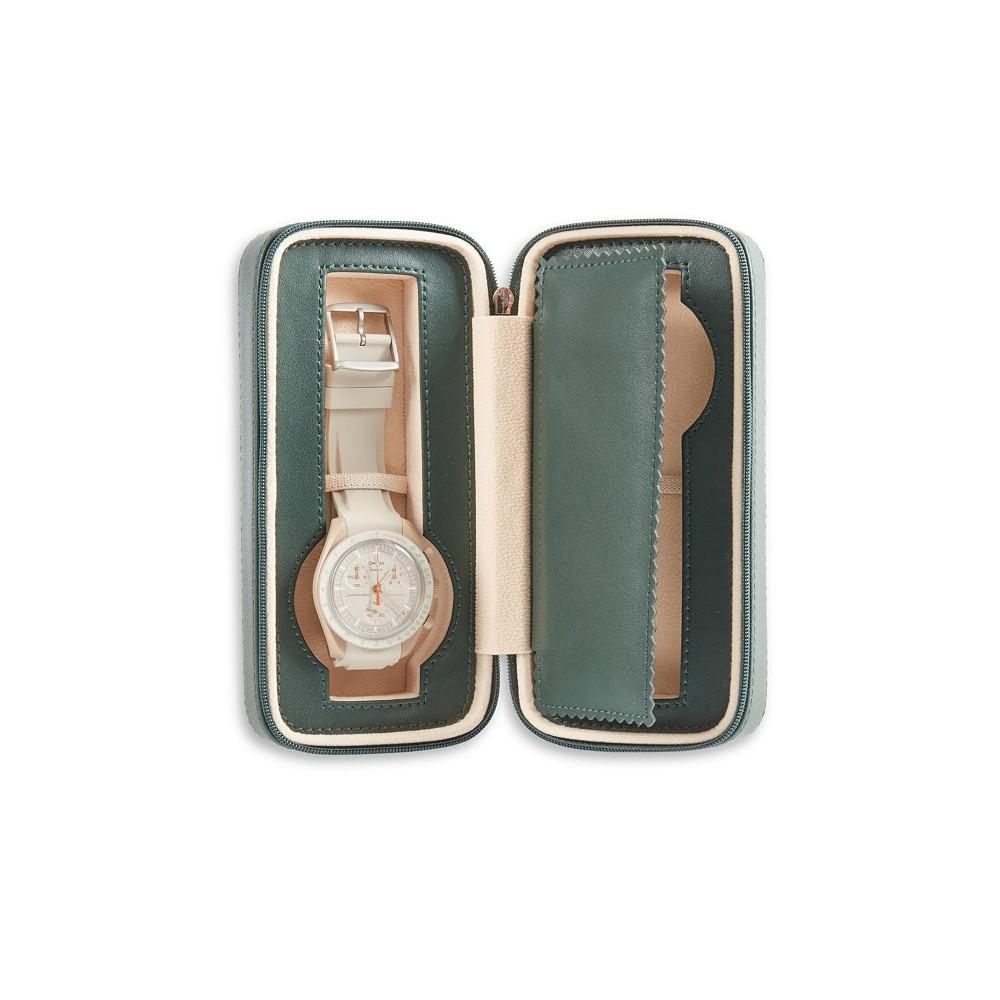 Bey-Berk Leather Two Watch Travel Case with Form Fit Compartments, Center Divider to Prevent Watches from Touching and Zipper Closure.