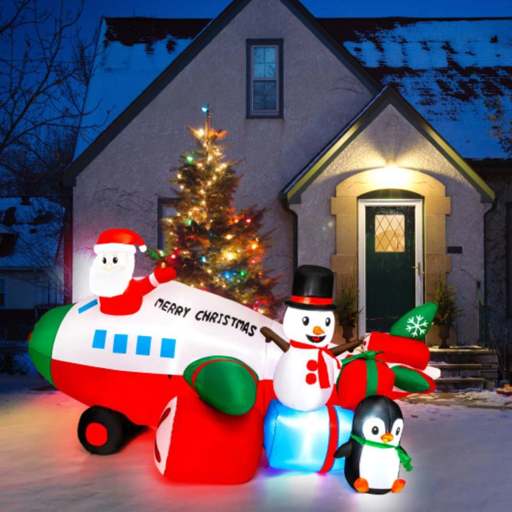 Hivvago 9 Feet Lighted Christmas Inflatable Santa Claus on Helicopter with Penguin 1