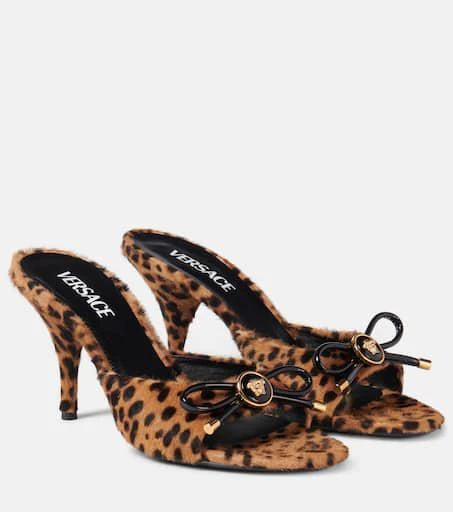 Versace Leopard Opera Bow 95 shearling mules 1
