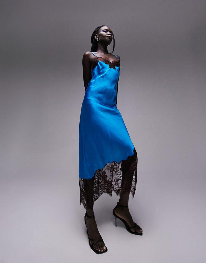 Topshop Topshop contrast lace midi slip dress in blue and chocolate