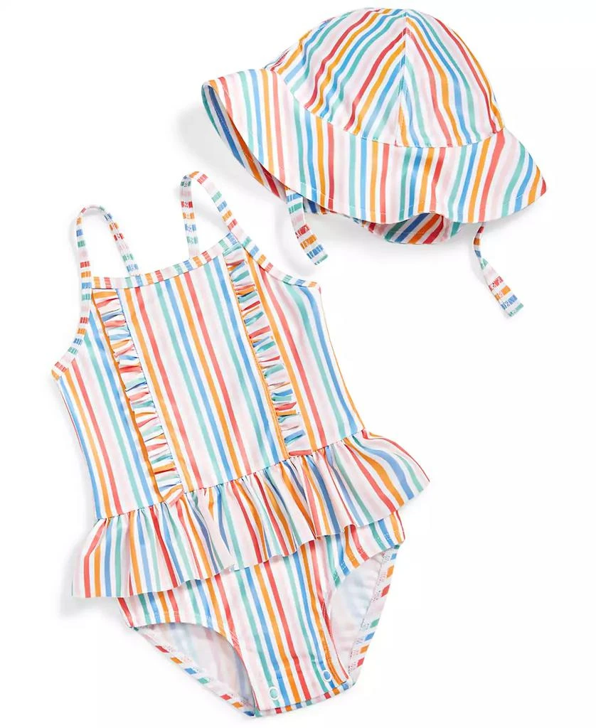 First Impressions Baby Girls Striped One Piece Swimsuit and Hat, 2 Piece Set, UPF 50, Created for Macy's 1