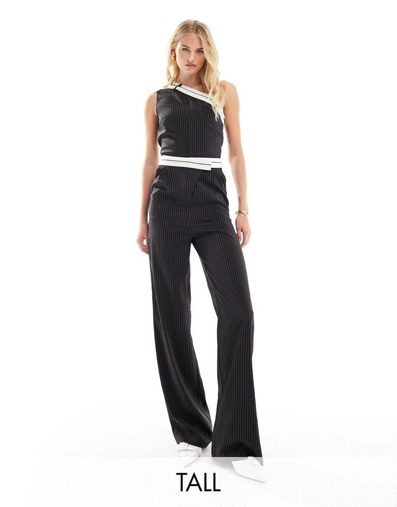 Extro & Vert Tall Extro & Vert Tall one shoulder pinstripe jumpsuit with waistband detail 1