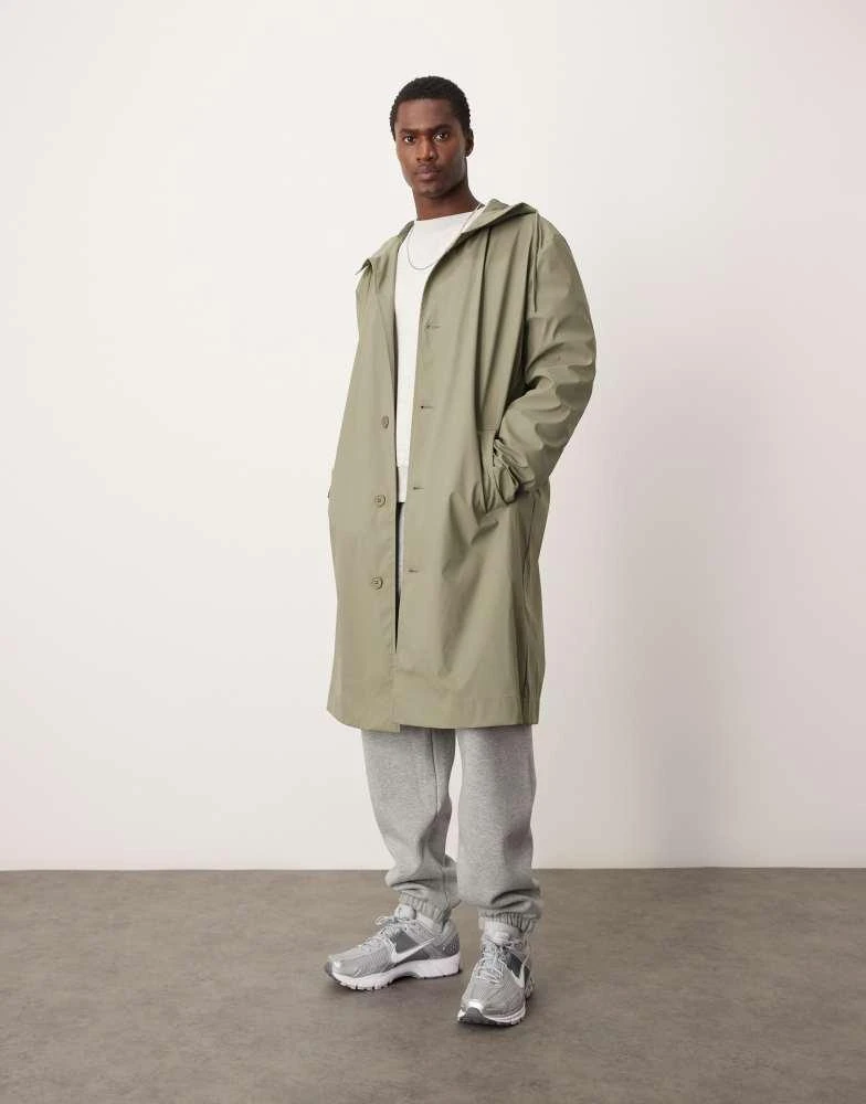 ASOS ASOS DESIGN rubberised trench coat with hood in khaki 1