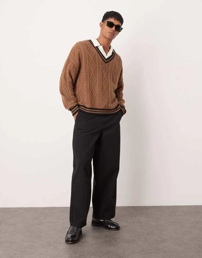 ASOS ASOS DESIGN oversized boxy fit cable knit cricket jumper in brown with black tipping 4