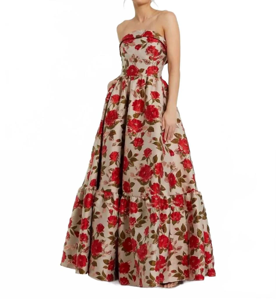 Mac Duggal Brocade Strapless Floral Gown With Ruffle Hem In Antique Multi