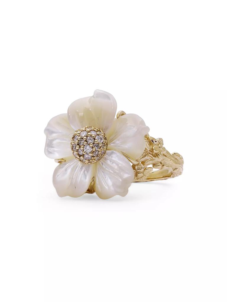 Stephen Dweck Luxury 18K Yellow Gold Hand-Carved Mother-Of-Pearl & Diamond Ring