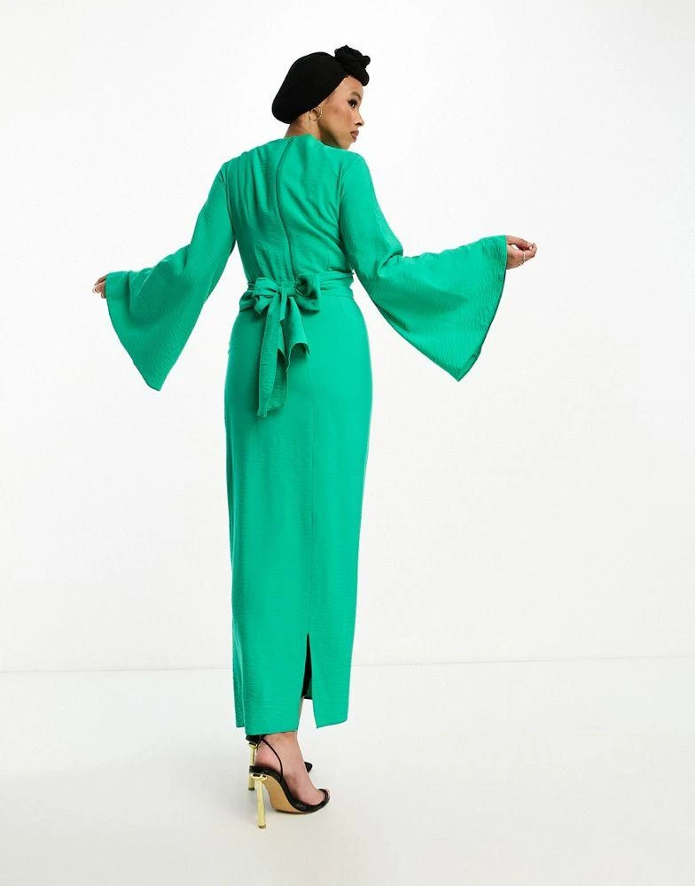 ASOS ASOS DESIGN high neck maxi dress with wrap waist and fluted sleeve in emerald green 4