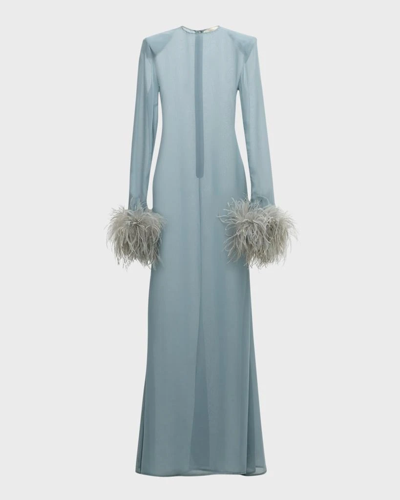 LAPOINTE Feather-Cuff Long-Sleeve Strong-Shoulder Sheer Georgette Maxi Dress 2