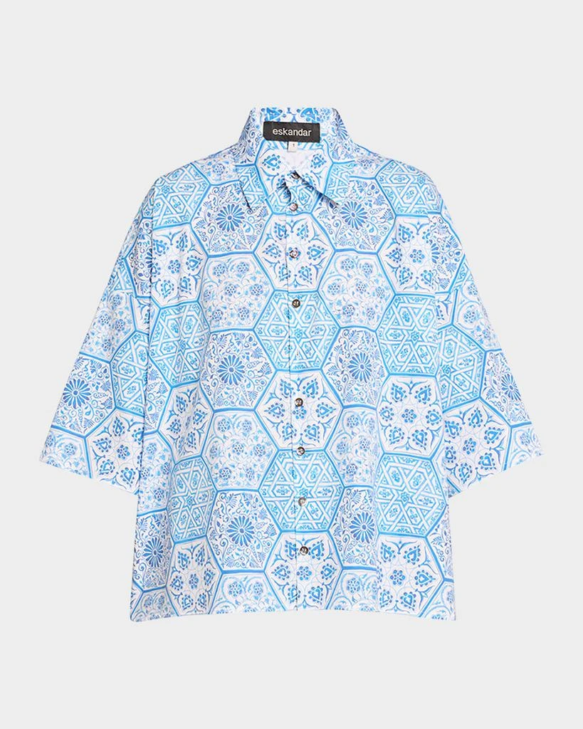 Eskandar Sloped Shoulder Wide A-Line Printed Shirt 1