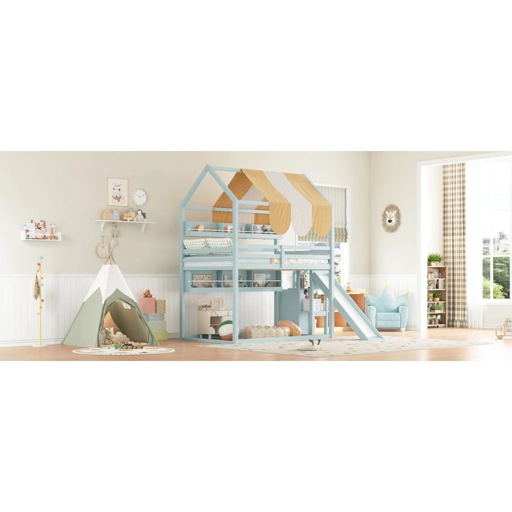 Streamdale Furniture Streamdale Full Size house Bed with Canopy, Slide 
Built-In Bookshelves, Light green 3