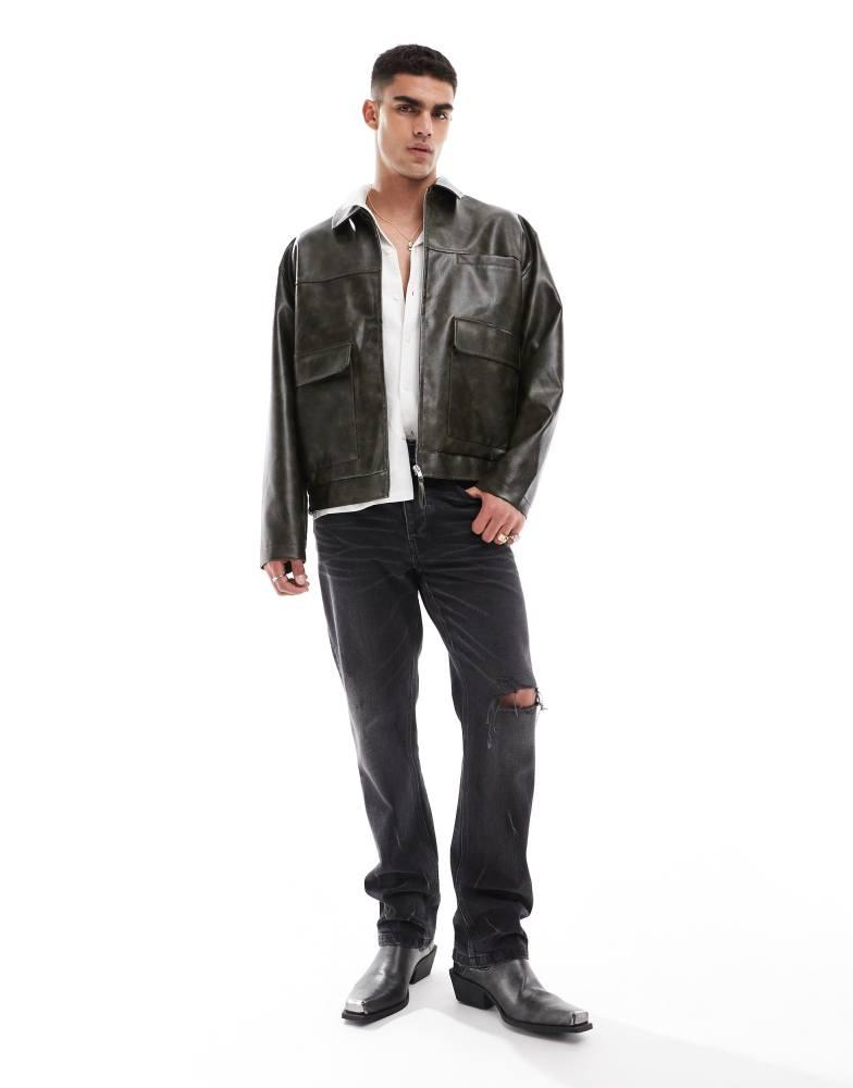 ASOS ASOS DESIGN faux leather oversized distressed harrington jacket in dark green