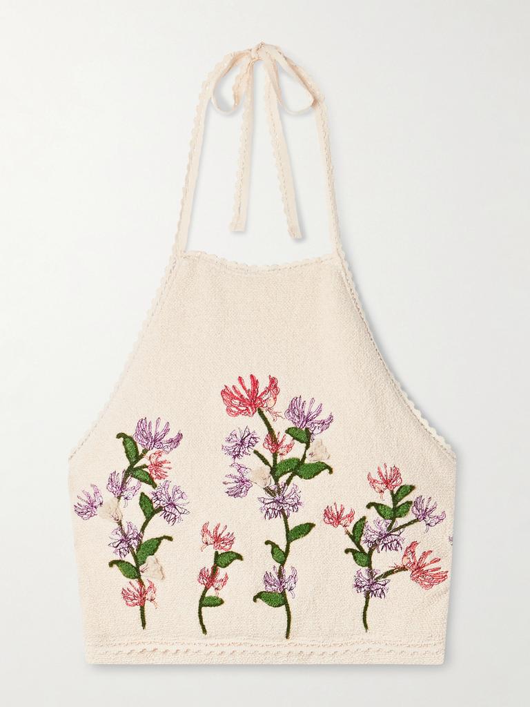 Agua by Agua Bendita Carlota Honeysuckle 贴花刺绣棉质混纺圈圈呢挂脖短款上衣