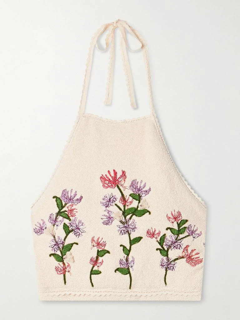 Agua by Agua Bendita Carlota Honeysuckle 贴花刺绣棉质混纺圈圈呢挂脖短款上衣 1
