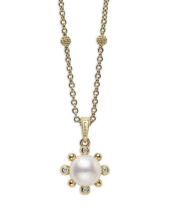 LAGOS 18K Yellow Gold Luna Cultured Pearl & Diamond Fleur Pendant Necklace, 16"-18"