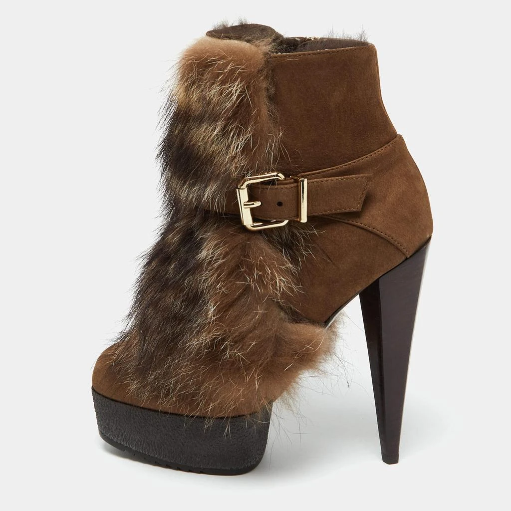 Fendi Fendi Brown Nubuck Leather and Raccoon Fur Platform Ankle Boots Size 36 1