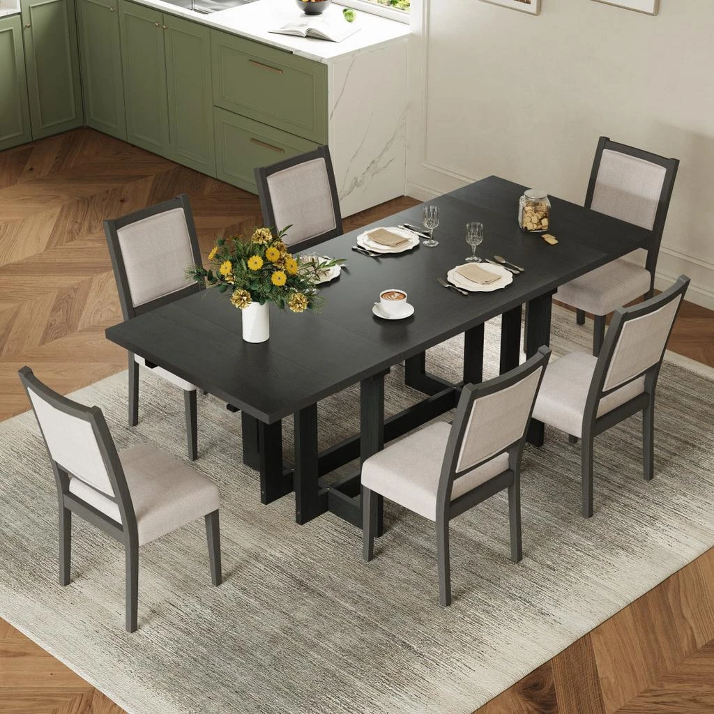Streamdale Furniture Streamdale Rustic 82" Extendable Dining Table Set with 6 Upholstered Chairs, Grey+Beige