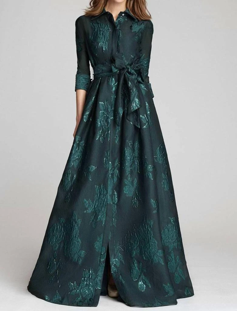 Teri Jon Teri Jon - Metallic Jacquard Shirtdress Gown With Floral Print