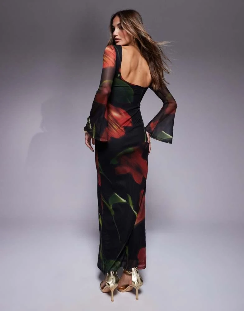 ASOS ASOS DESIGN low back floral mesh maxi dress with angel sleeves in oversized red floral print 2