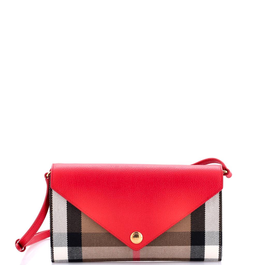 Burberry Hannah Envelope Wallet on Strap Leather and House Check Canvas