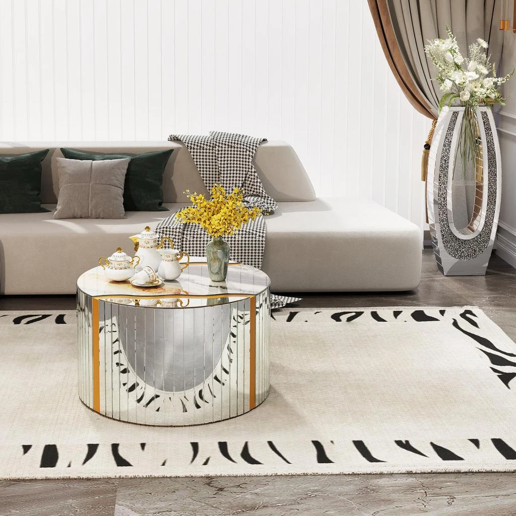 Streamdale Furniture Streamdale White Marble Round Coffee Table with Silver Mirror 
Gold Dust Finish 5