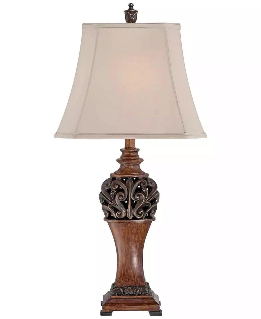 Regency Hill Exeter Traditional Table Lamps 30" Tall Set of 2 Bronze Wood Carved Leaf Cream Rectangular Bell Shade for Bedroom Living Room Bedside 3