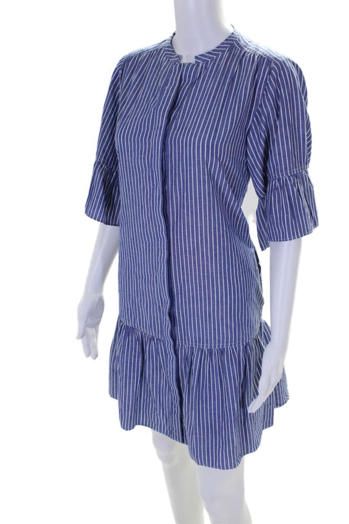 KERRI ROSENTHAL Kerri Rosenthal Womens Amanda Striped Print V-Neck Ruffled Dress Blue