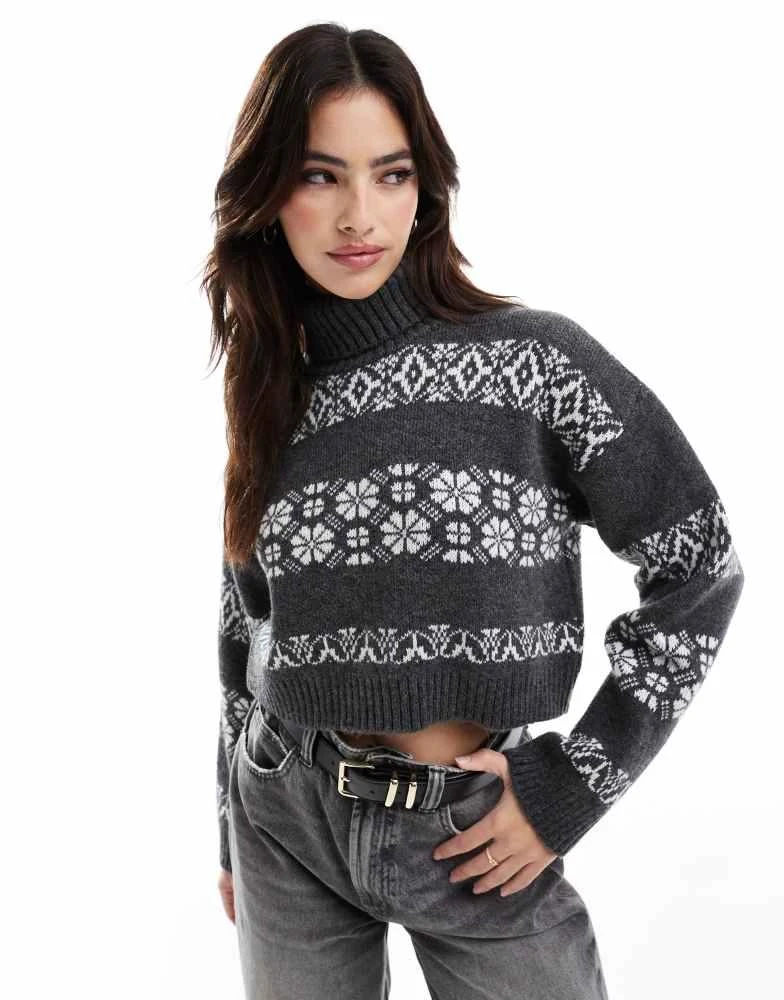 ASOS ASOS DESIGN cropped roll neck jumper with fairisle stripe in grey and white 2