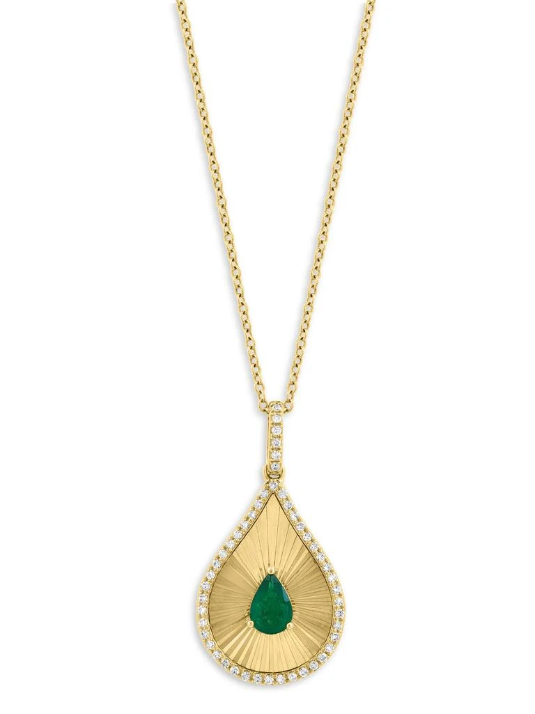 Effy 14K Yellow Gold, Diamond 
0.38 TCW Natural Emerald Pendant Necklace