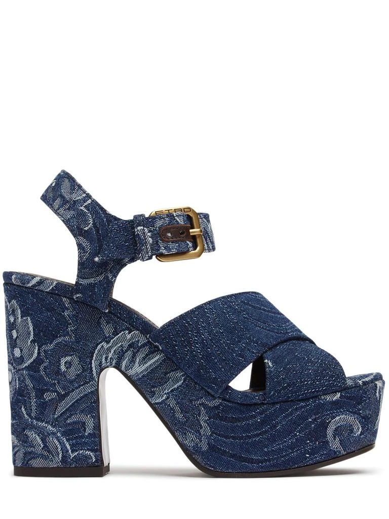 ETRO 100mm Embroidered Denim Platform Sandals 1