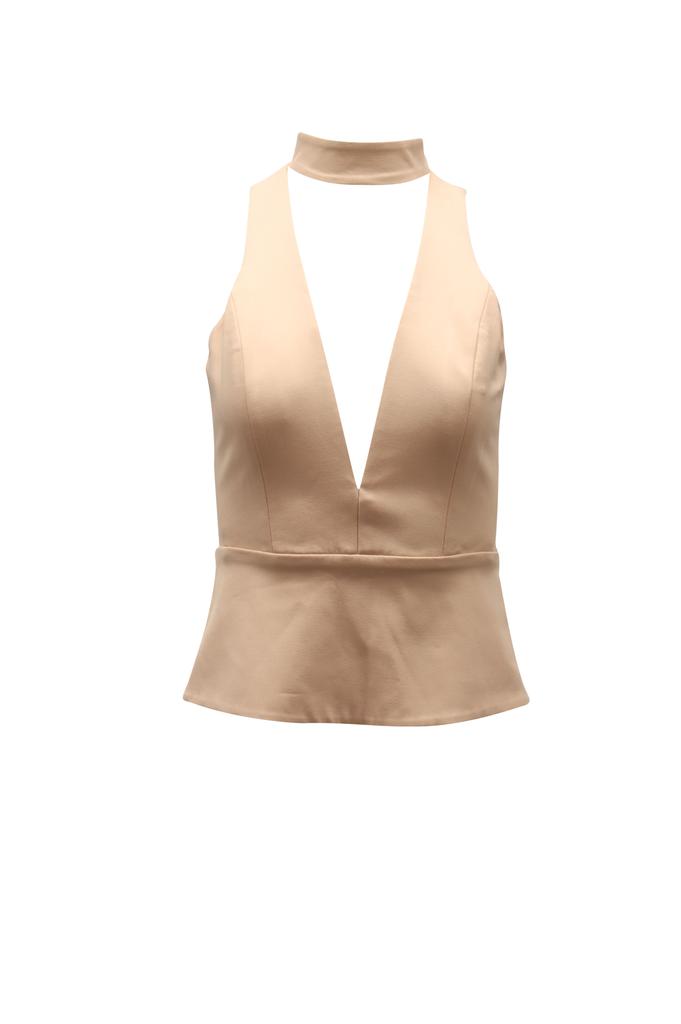 Michelle Mason Plunge Choker Sleeveless Top in Nude Polyester