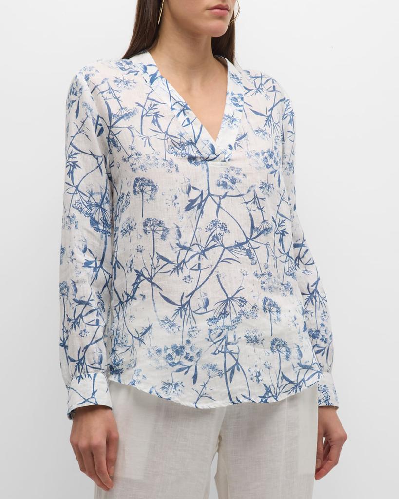 120% Lino Floral-Print V-Neck Linen Blouse