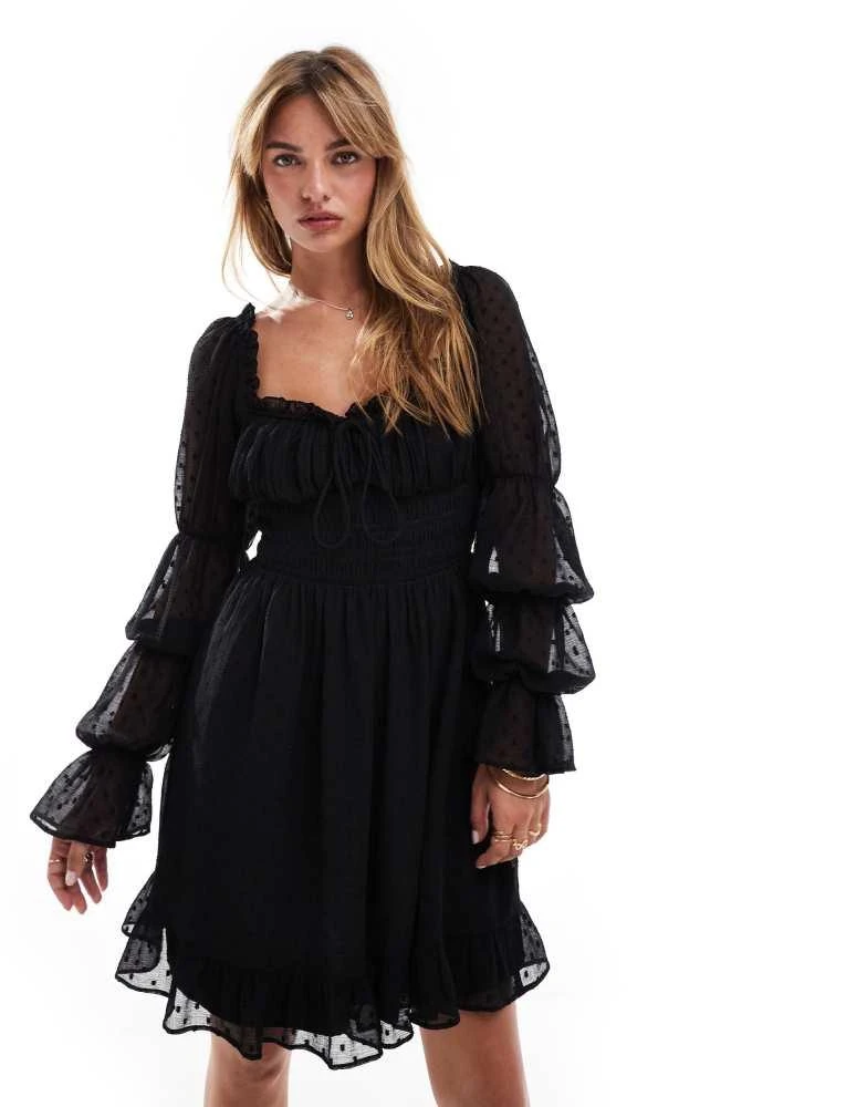 Shop ASOS DESIGN dobby milkmaid long sleeve sleeve shirred waist mini dress  in black on Sale at BeyondStyle  Get 40% Off ASOS DESIGN dobby milkmaid  long sleeve sleeve shirred waist mini