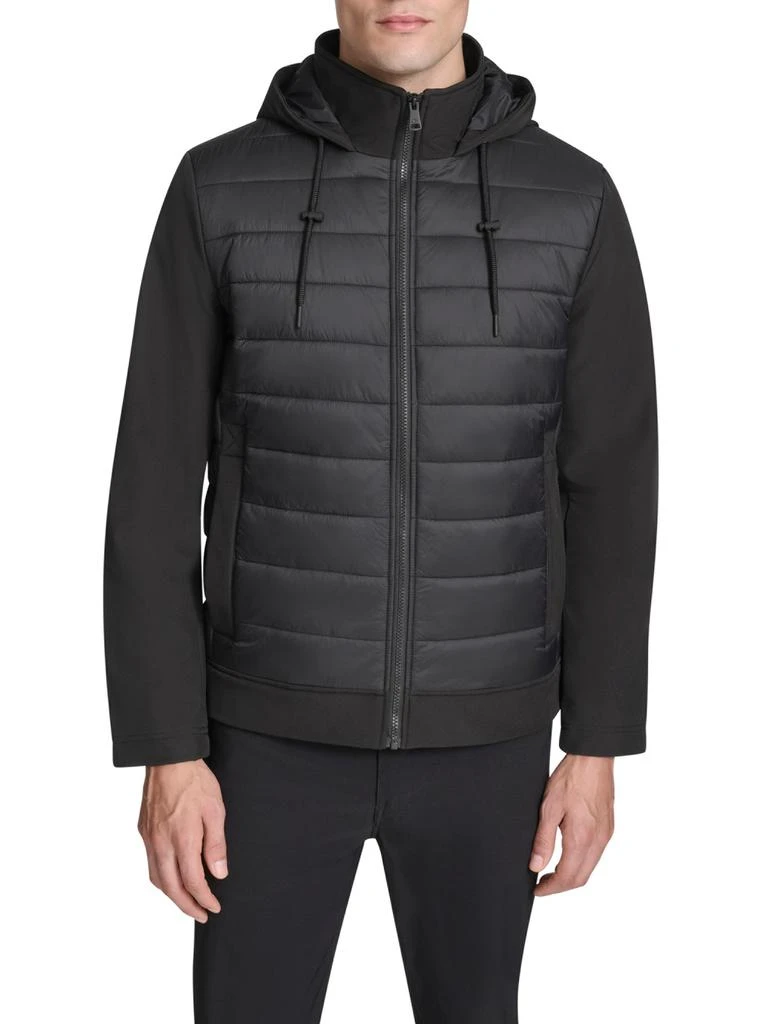 Kenneth Cole Mixed-Media Quilted Hooded Slim Fit Jacket