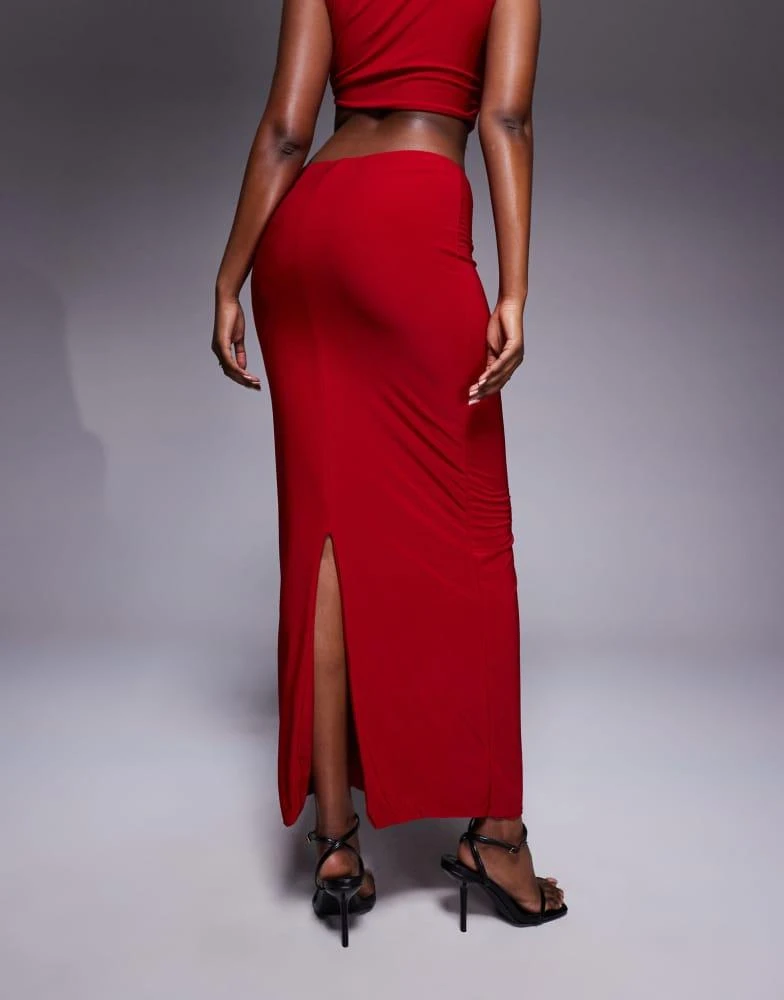 Missyempire Missyempire double layered slinky high waisted maxi skirt co-ord in red 3