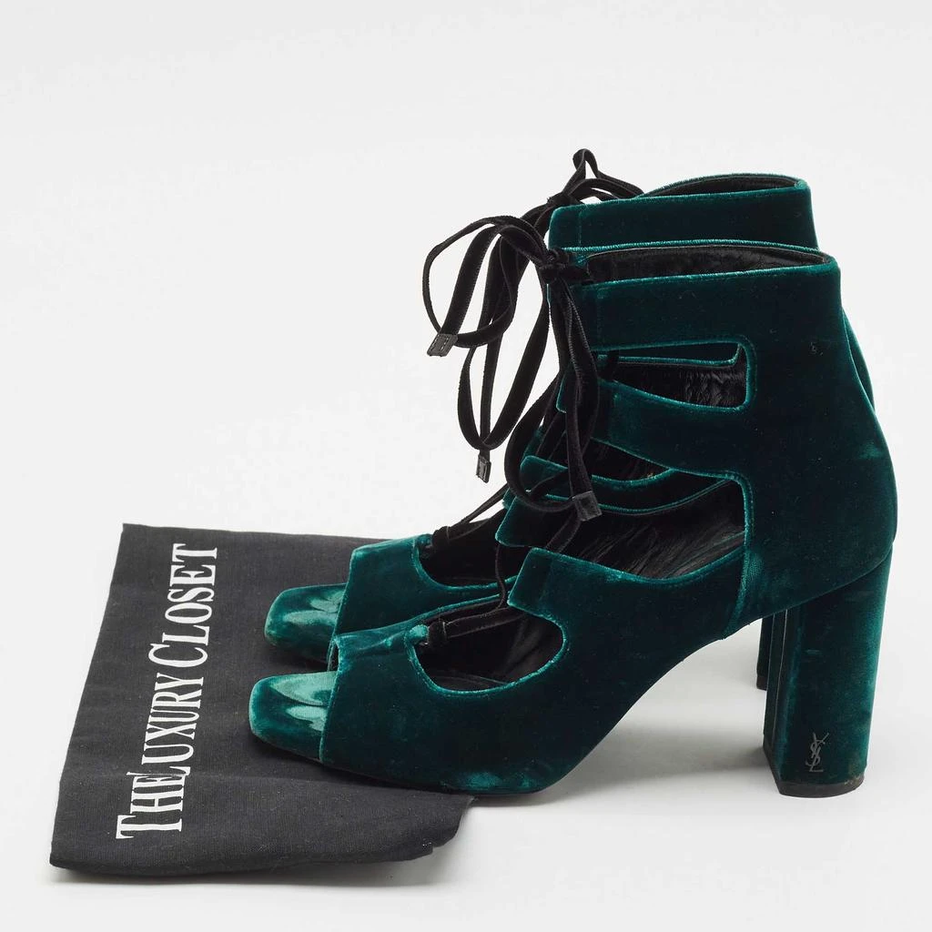 Yves Saint Laurent Saint Laurent Dark Green Velvet Loulou Open Toe Lace Up Block Heel Pumps Size 37.5 9