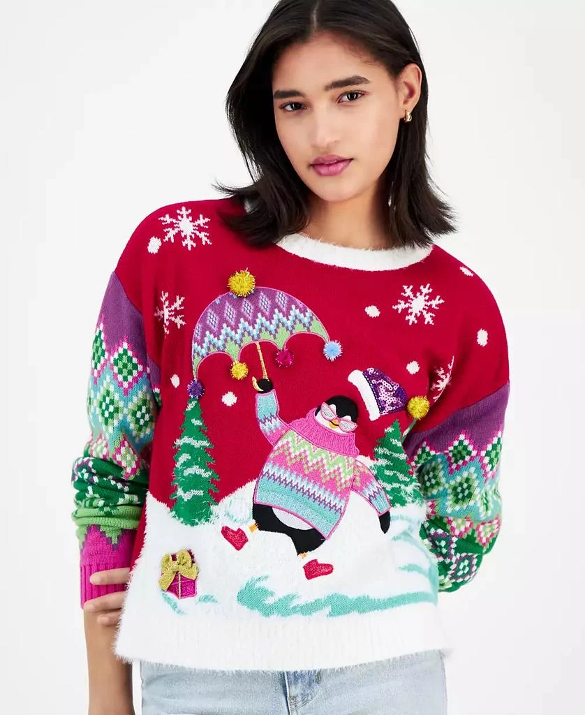 Hooked Up by IOT Juniors' Dancing Penguin Christmas Sweater 2