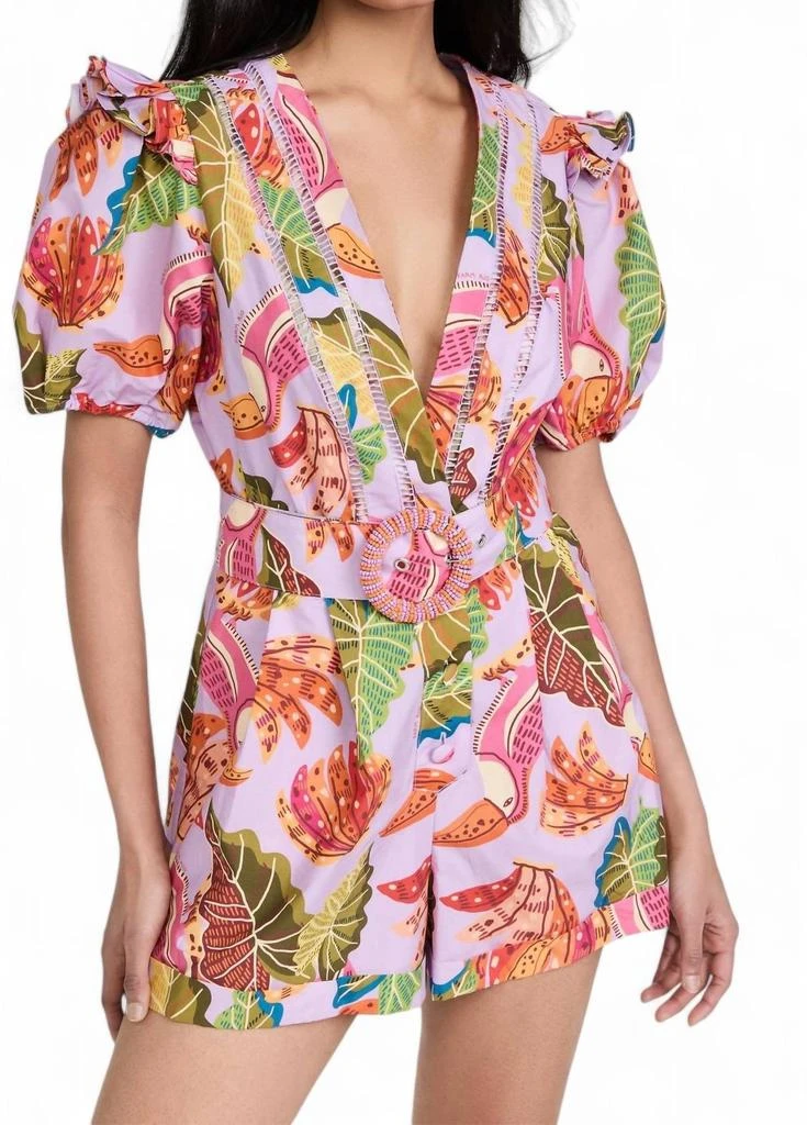 Farm Rio Lilac Beaks & Bananas Romper In Purple & Orange 1