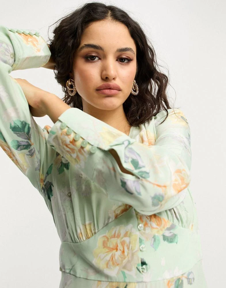 & Other Stories & Other Stories button detail midi dress in green floral 4