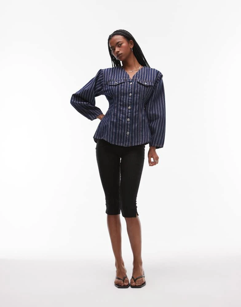 Topshop Topshop red stripe cinched denim shirt in indigo 3