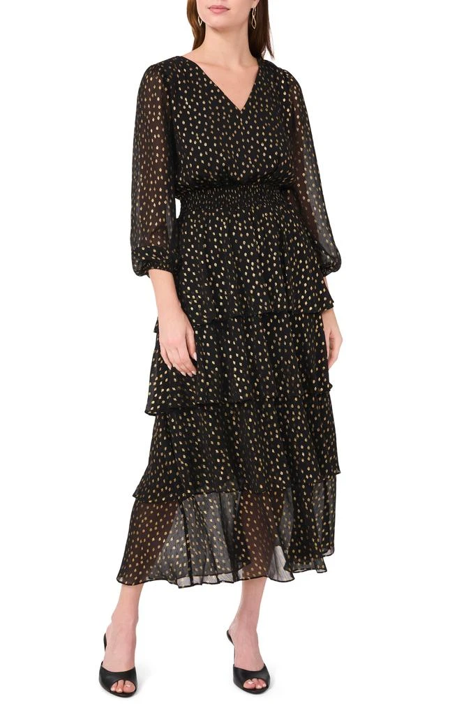 Shop Metallic Plissé Tiered Long Sleeve Dress on Sale at