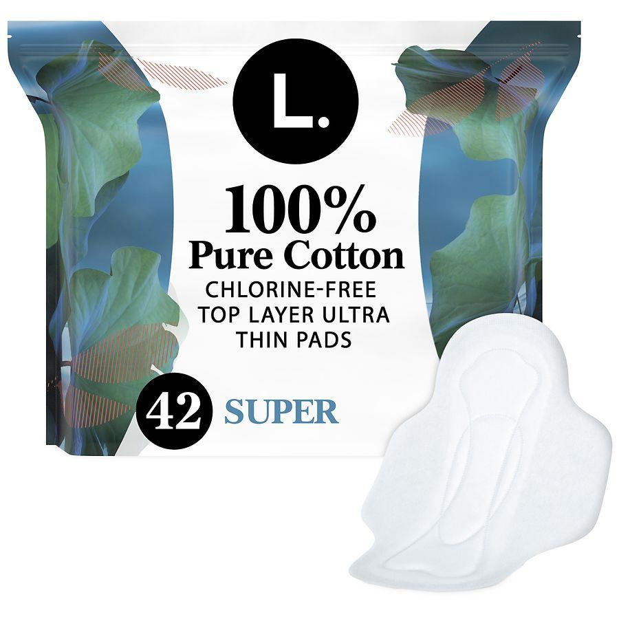L. Ultra Thin Pads for Women, 100% Pure Cotton Top Layer Pads with Wings Unscented, Super