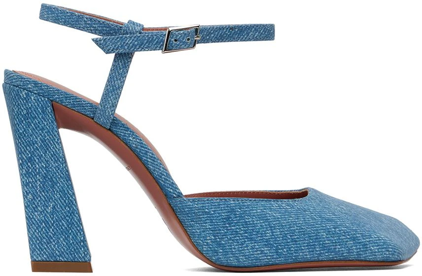 Amina Muaddi Blue Suede Printed Denim Heels 1