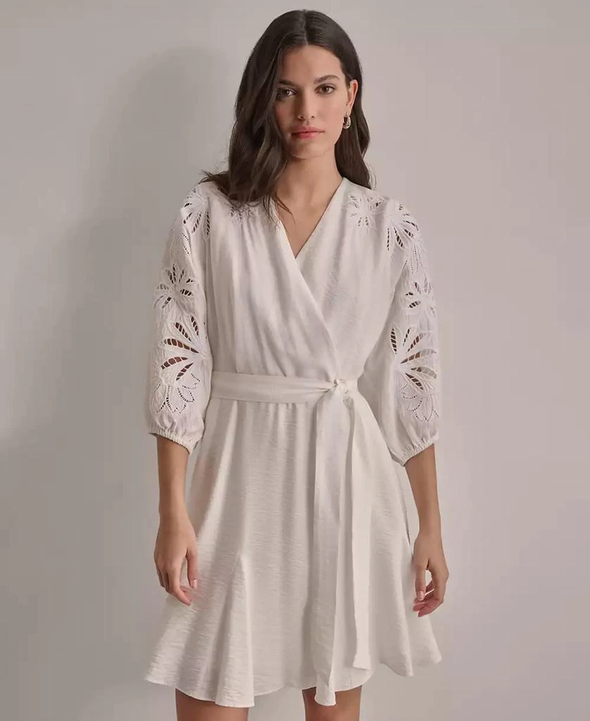 DKNY Women's V-neck Embroidered-trim Belted Dress 3