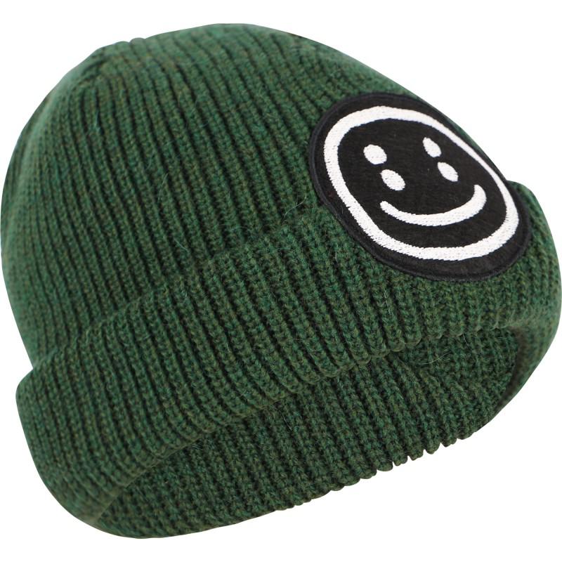 Little Man Happy Appliqued smile ribbed winter beanie in forest green