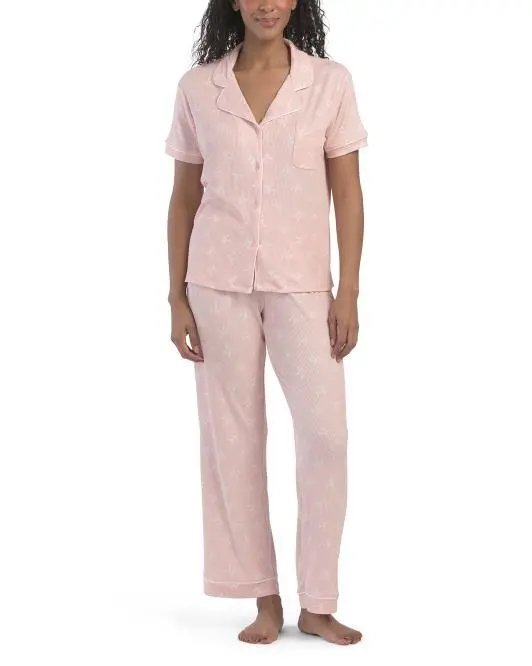 SINCERELY JULES 2pc Bow Print Short Sleeve Notch Collar Pajamas Set