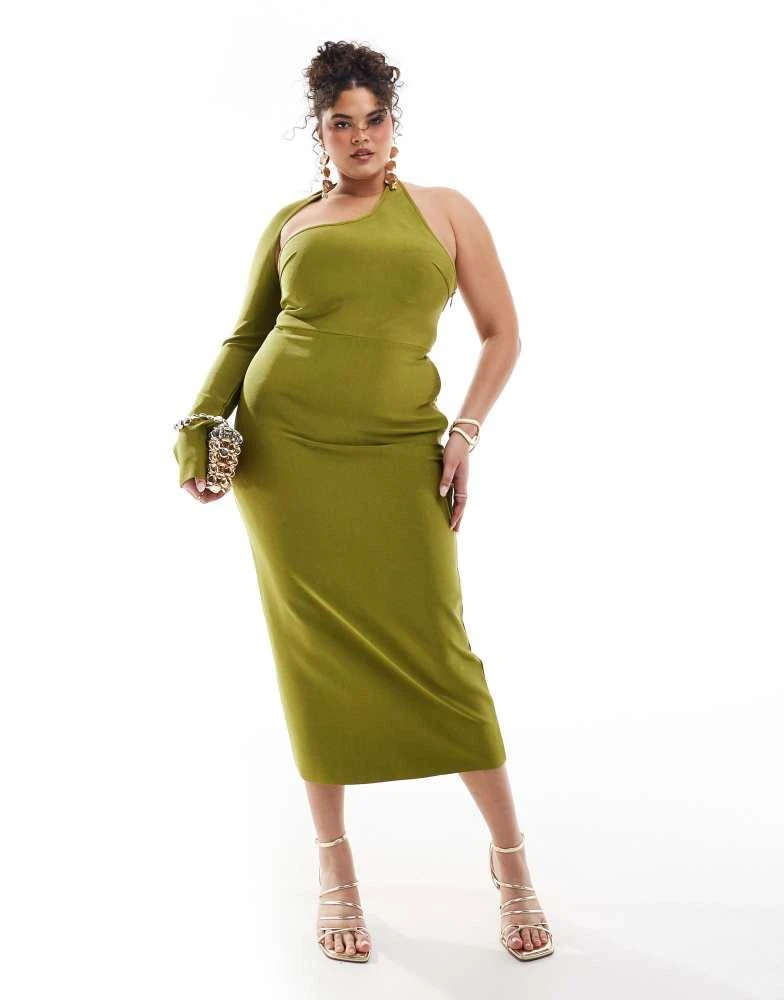 ASOS ASOS DESIGN Curve bandage wrap around neckline one sleeve midi dress in green 1