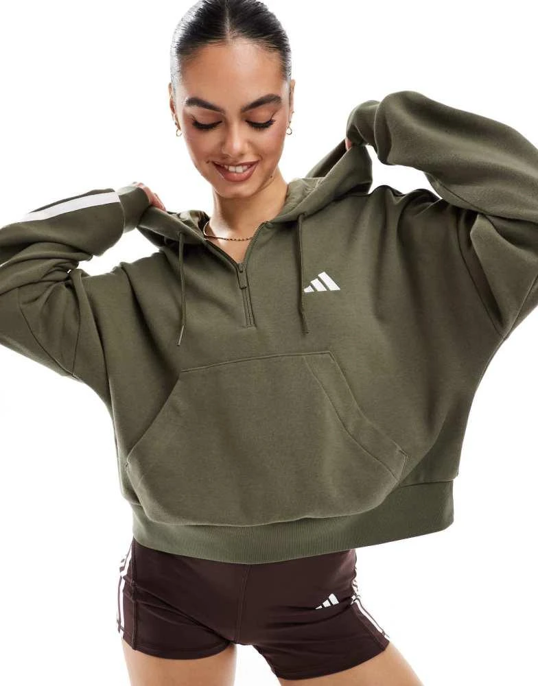 Adidas adidas Performance essentials 3-stripes french terry quarter-zip hoodie in green 1