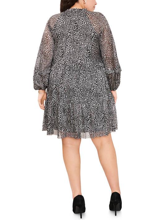 CeCe Plus Size Long Sleeve V Neck Lurex Babydoll Dress