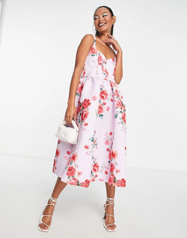 ASOS DESIGN ASOS DESIGN corset floral midi prom dress in lilac floral 1