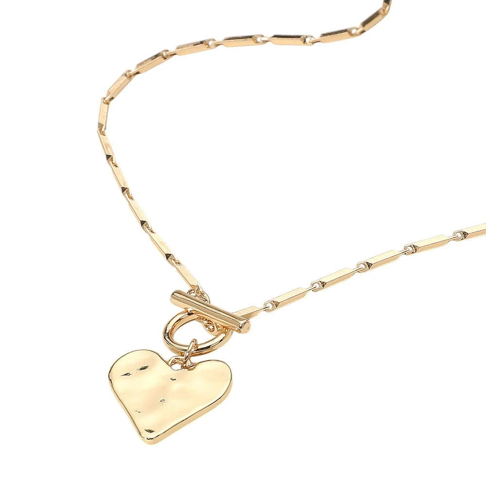 FASHNZFAB Hammered Metal Heart Pendant Toggle Necklace 2